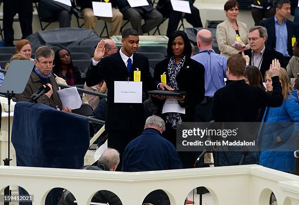 Air Force Staff Sgt. Serpico Elliott stands in for U.S. President Barack Obama during a dress rehearsal for the 2013 presidential inaugural...