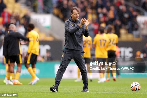 Julen Lopetegui, Manager of Wolverhampton Wanderers applauds the fans after the team's victory in the pre-season friendly match between Wolverhampton...