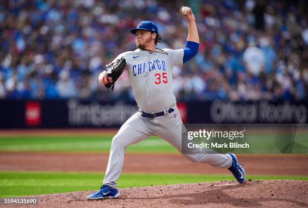 Justin Steele of the Chicago Cubs pitches to the Toronto Blue Jays during the third inning at the Rogers Centre on August 12, 2023 in Toronto,...
