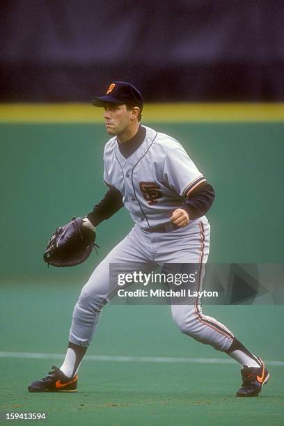 Will Clark of the San Francisco Giants looks on during a baseball game against the Philadelphia Phillies on August 15, 1990 at Veterans Stadium in...