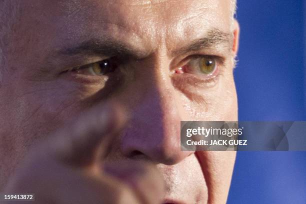 Israeli Prime Minister Benjamin Netanyahu, head of the Likud-Beitenu Party, delivers a campaign speech during an electoral meeting at the Carmel...