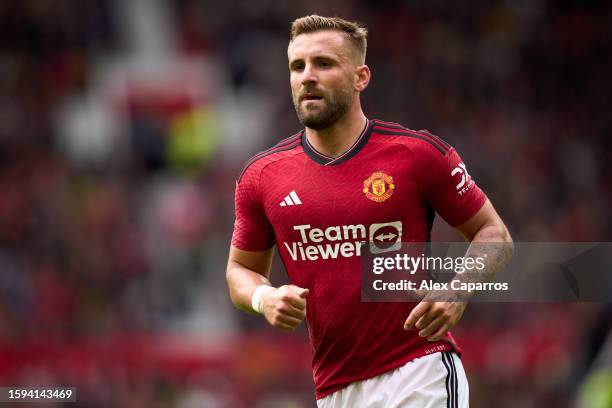 Luke Shaw of Manchester United looks on during the pre-season friendly match between Manchester United and RC Lens at Old Trafford on August 05, 2023...