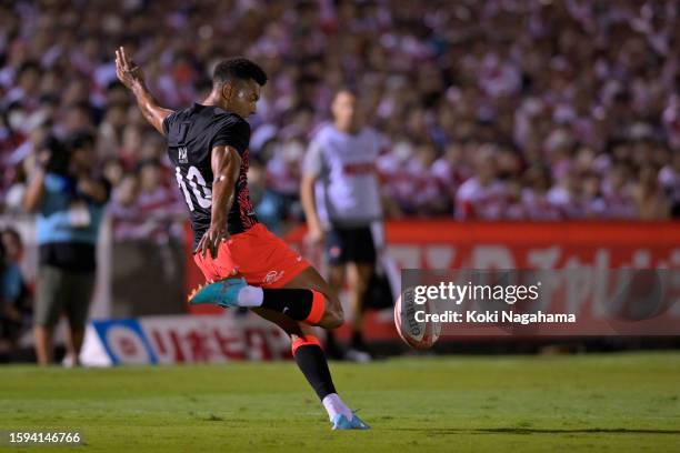 Ben Volavola of Fiji kicks the ball during the international test between Japan and Fiji at Prince Chichibu Memorial Ground on August 05, 2023 in...