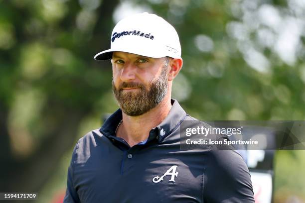 Dustin Johnson of Aces GC walks off the 2nd tee to start round 2 of LIV Golf Bedminster on August 12, 2023 at Trump National Golf Club in Bedminster,...