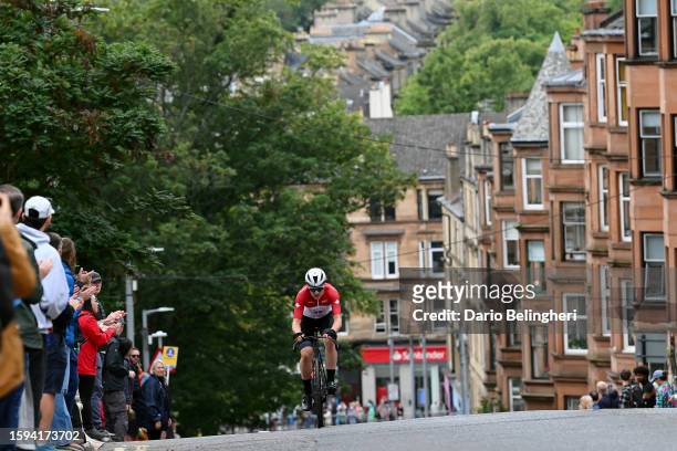 Ethan Powell of Canada competes during the men's junior road race at the 96th UCI Glasgow 2023 Cycling World Championships, Day 3 127.7km course in...