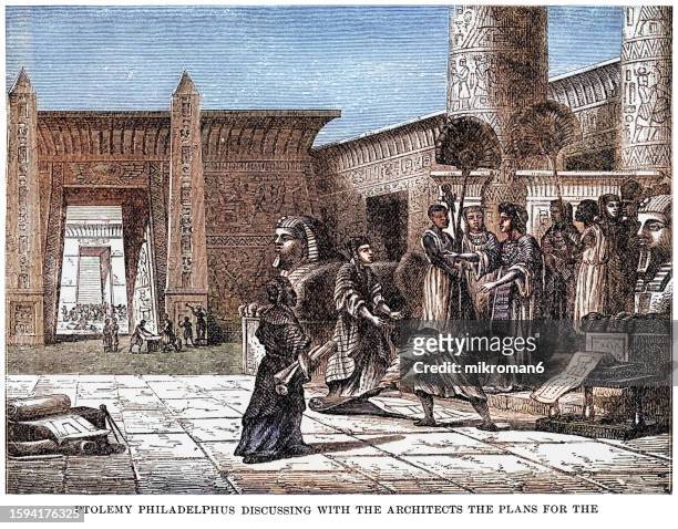 old engraved illustration of ptolemy philadelphus discussing with the architects the plans for the alexandria library - ancient egypt house stock pictures, royalty-free photos & images