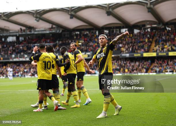Matheus Martins of Watford celebrates scoring during the Sky Bet Championship match between Watford and Queens Park Rangers at Vicarage Road on...