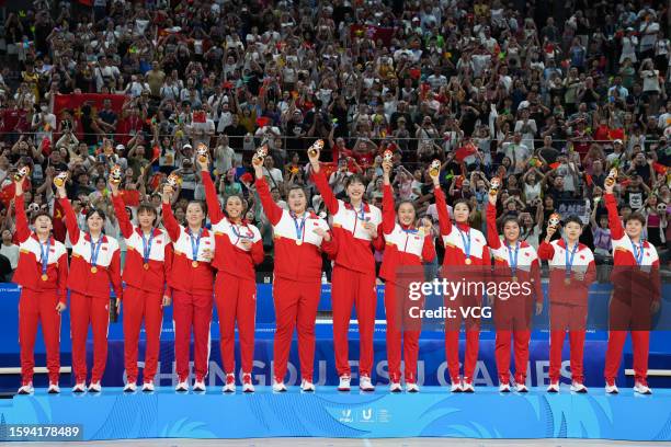 Gold medalists Team China pose during medal ceremony for the Basketball - Women's Final between China and Japan on day 8 of 31st FISU Summer World...