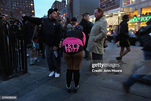Pantless woman stands at Union Square on January 13, 2013 in New York City. Thousands of people participated in the 12th annual No Pants Subway Ride,...