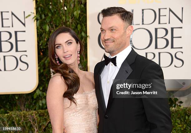 Actress Megan Fox and actor Brian Austin Green arrive at the 70th Annual Golden Globe Awards held at The Beverly Hilton Hotel on January 13, 2013 in...