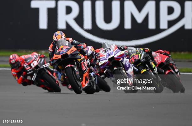 Jack Millar in action leading at the start of the race during the MotoGP of Great Britain - Sprint Race at Silverstone Circuit on August 05, 2023 in...