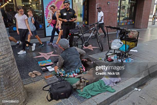 Los Angeles, CA A person who is displaced has an interaction with a security guard on the sidewalk with two dogs on Hollywood Blvd on August 12, 2023...