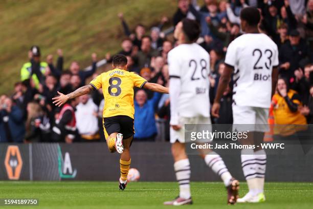 Joao Gomes of Wolverhampton Wanderers celebrates after scoring his team's second goal during the pre-season friendly match between Wolverhampton...