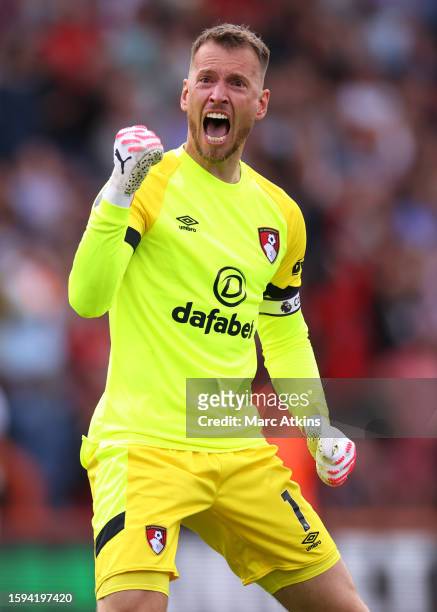 Neto of AFC Bournemouth celebrates during the Premier League match between AFC Bournemouth and West Ham United at Vitality Stadium on August 12, 2023...