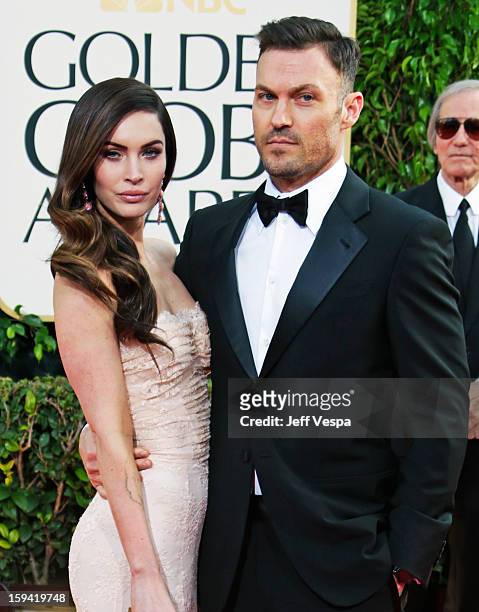 Actors Megan Fox and Brian Austin Green arrive at the 70th Annual Golden Globe Awards held at The Beverly Hilton Hotel on January 13, 2013 in Beverly...