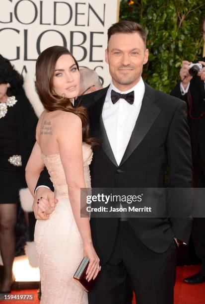 Actress Megan Fox and actor Brian Austin Green arrive at the 70th Annual Golden Globe Awards held at The Beverly Hilton Hotel on January 13, 2013 in...