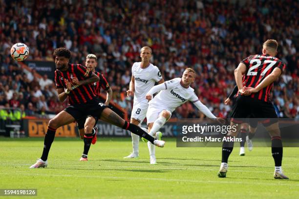 Jarrod Bowen of West Ham United scores a goal during the Premier League match between AFC Bournemouth and West Ham United at Vitality Stadium on...