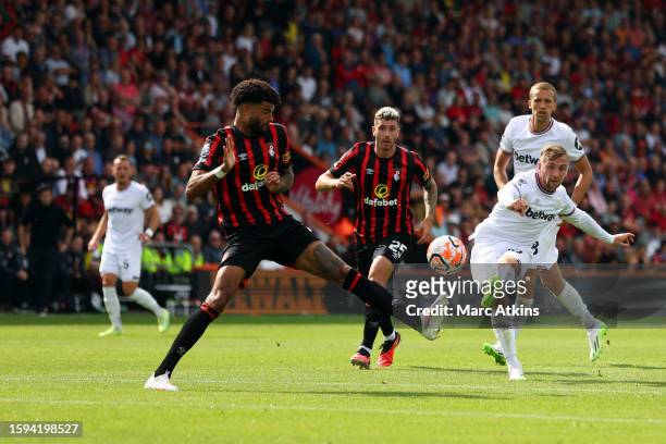 Jarrod Bowen of West Ham United scores a goal during the Premier League match between AFC Bournemouth and West Ham United at Vitality Stadium on...