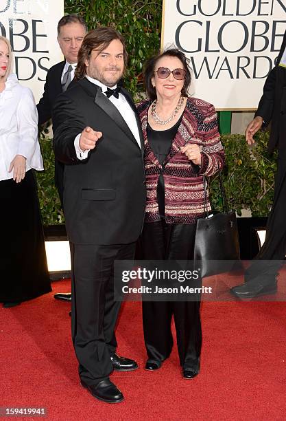 Actor Jack Black and guest arrive at the 70th Annual Golden Globe Awards held at The Beverly Hilton Hotel on January 13, 2013 in Beverly Hills,...