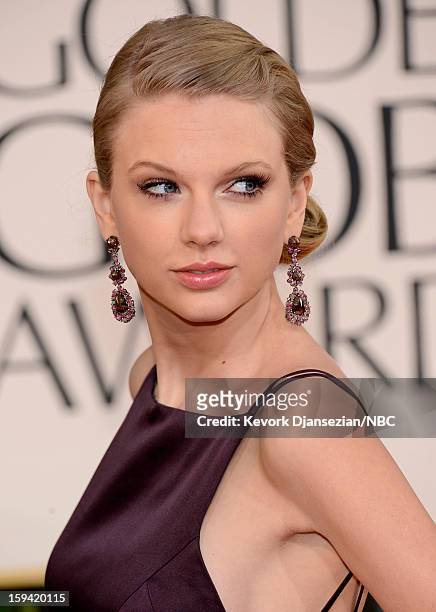 70th ANNUAL GOLDEN GLOBE AWARDS -- Pictured: Singer songwriter Taylor Swift arrives to the 70th Annual Golden Globe Awards held at the Beverly Hilton...
