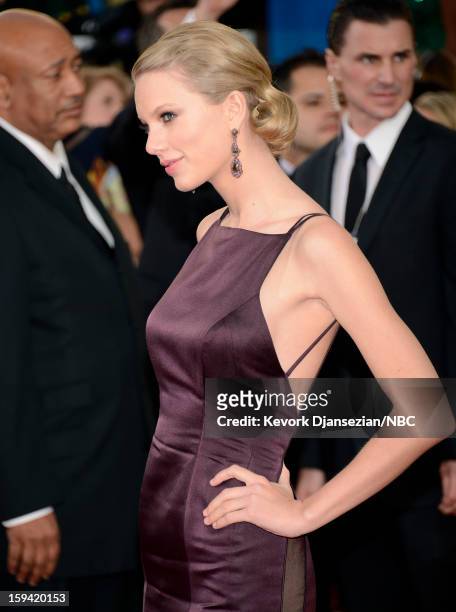 70th ANNUAL GOLDEN GLOBE AWARDS -- Pictured: Singer/songwriter Taylor Swift arrives to the 70th Annual Golden Globe Awards held at the Beverly Hilton...