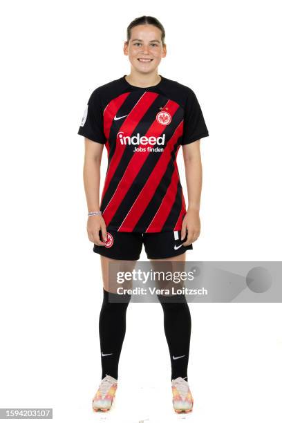 Jonna Brengel poses during the team presentation of Eintracht Frankfurt Women's at Eintracht Frankfurt Proficamp on August 4, 2023 in Frankfurt am...