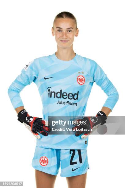 Hannah Johann poses during the team presentation of Eintracht Frankfurt Women's at Eintracht Frankfurt Proficamp on August 4, 2023 in Frankfurt am...