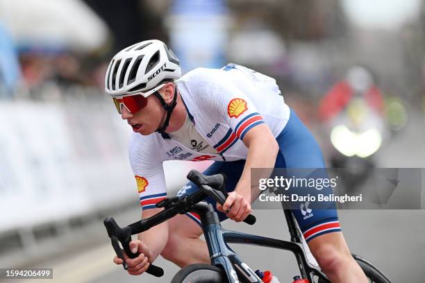 Matthew Brennan of Great Britain competes during the men's junior road race at the 96th UCI Glasgow 2023 Cycling World Championships, Day 3 127.7km...