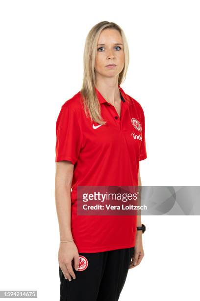 Shaline Deuchert poses during the team presentation of Eintracht Frankfurt Women's at Eintracht Frankfurt Proficamp on August 4, 2023 in Frankfurt am...