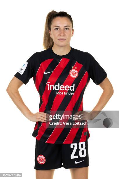 Barbara Dunst poses during the team presentation of Eintracht Frankfurt Women's at Eintracht Frankfurt Proficamp on August 4, 2023 in Frankfurt am...
