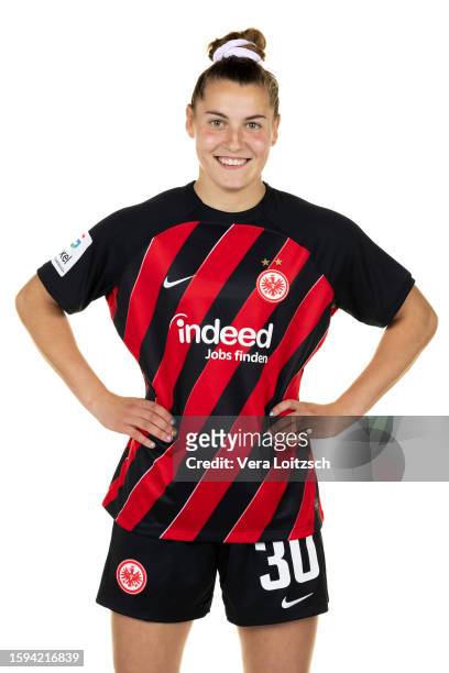 Carlotter Wamser poses during the team presentation of Eintracht Frankfurt Women's at Eintracht Frankfurt Proficamp on August 4, 2023 in Frankfurt am...