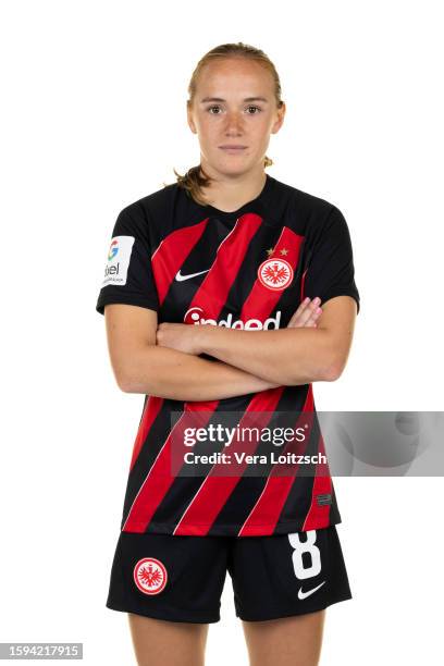 Lisanne Graewe poses during the team presentation of Eintracht Frankfurt Women's at Eintracht Frankfurt Proficamp on August 4, 2023 in Frankfurt am...