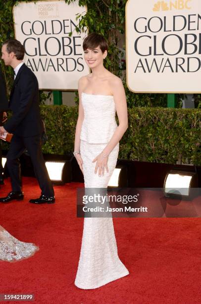 Actress Anne Hathaway arrives at the 70th Annual Golden Globe Awards held at The Beverly Hilton Hotel on January 13, 2013 in Beverly Hills,...
