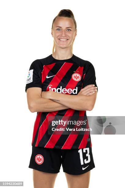 Virginia Kirchberger poses during the team presentation of Eintracht Frankfurt Women's at Eintracht Frankfurt Proficamp on August 4, 2023 in...
