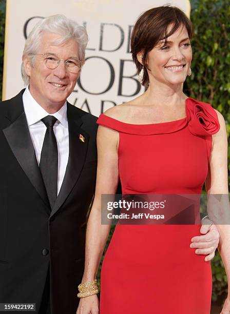 Actors Richard Gere and Carey Lowell arrive at the 70th Annual Golden Globe Awards held at The Beverly Hilton Hotel on January 13, 2013 in Beverly...