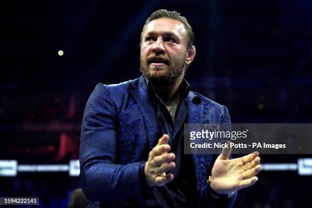 Conor McGregor poses for photographs inside the ring at the O2 Arena, London. Picture date: Saturday August 12, 2023.