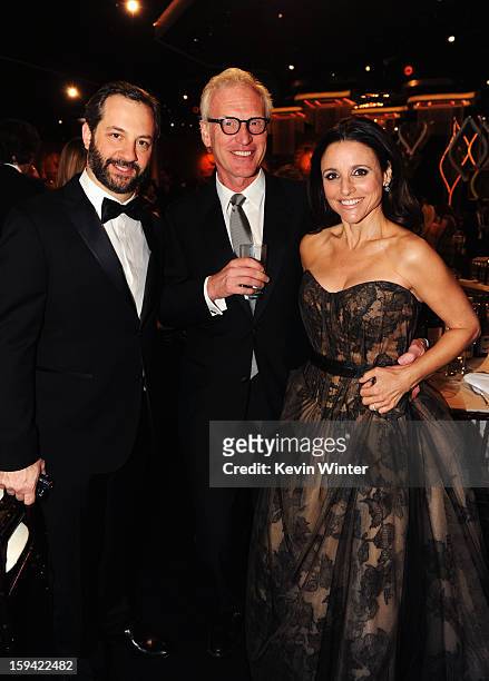 Filmmaker Judd Apatow, producer Brad Hall and actress Julia Louis-Dreyfus attend the 70th Annual Golden Globe Awards Cocktail Party held at The...