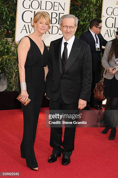 Actress Kate Capshaw and director Steven Spielberg arrive at the 70th Annual Golden Globe Awards held at The Beverly Hilton Hotel on January 13, 2013...