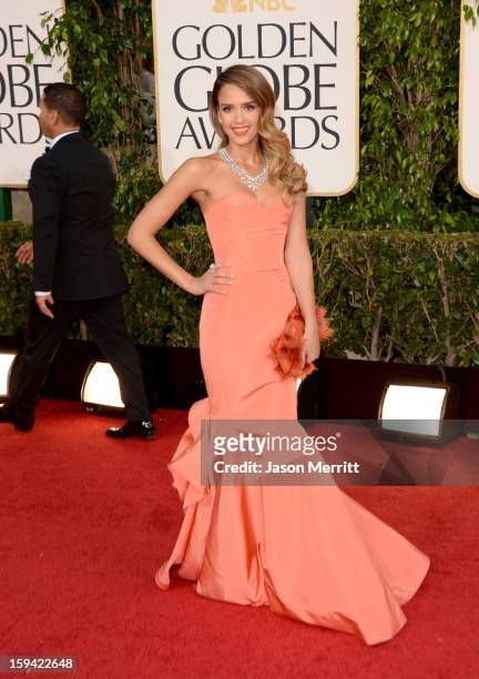 Actress Jessica Alba arrives at the 70th Annual Golden Globe Awards held at The Beverly Hilton Hotel on January 13, 2013 in Beverly Hills, California.