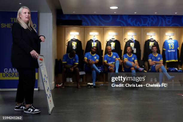 Emma Hayes, manager of the Blue Team gives a team talk in the changing rooms prior to the Game4Ukraine charity match at Stamford Bridge at Stamford...