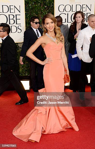 Actress Jessica Alba arrives at the 70th Annual Golden Globe Awards held at The Beverly Hilton Hotel on January 13, 2013 in Beverly Hills, California.