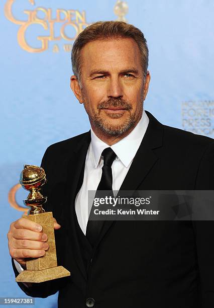 Actor Kevin Costner, winner of Best Actor in a Mini-Series or a Motion Picture Made for Television for "Hatfields & McCoys," poses in the press room...