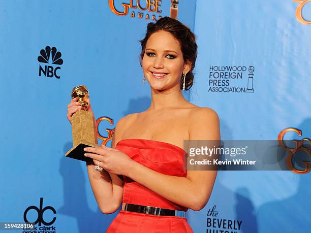 Actress Jennifer Lawrence, winner of Best Performance by an Actress in a Motion Picture for "The Silver Linings Playbook," poses in the press room...