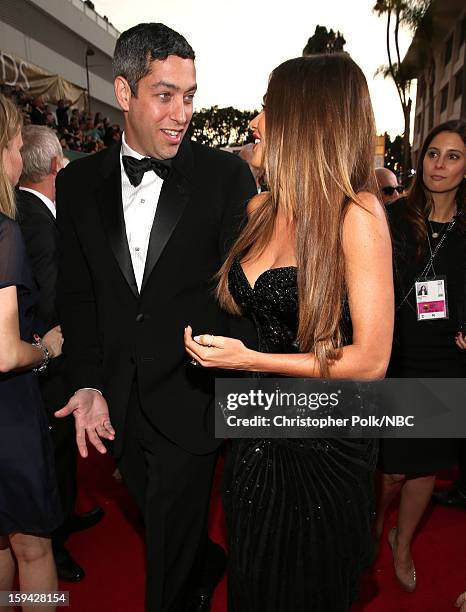 70th ANNUAL GOLDEN GLOBE AWARDS -- Pictured: Actress Sofia Vergara and Nick Loeb arrive to the 70th Annual Golden Globe Awards held at the Beverly...