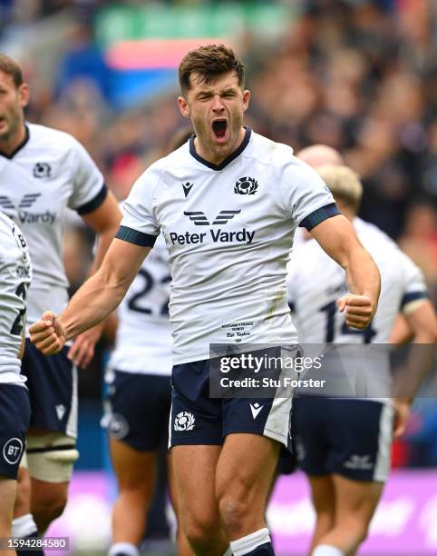 Blair Kinghorn of Scotland celebrates victory on the final whistle during the Summer International match between Scotland and France at BT...