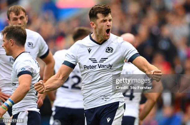 Blair Kinghorn of Scotland celebrates victory on the final whistle during the Summer International match between Scotland and France at BT...