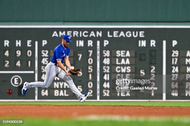 Paul DeJong of the Toronto Blue Jays bobbles the ball before throwing to first in the fourth inning against the Boston Red Sox at Fenway Park on...