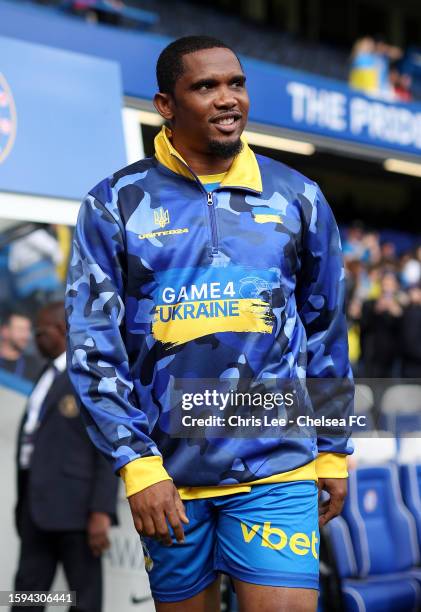 Samuel Eto'o of the Blue Team looks on prior to the Game4Ukraine charity match at Stamford Bridge at Stamford Bridge on August 05, 2023 in London,...