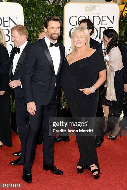 Actor Hugh Jackman and wife Deborra-Lee Furness arrive at the 70th Annual Golden Globe Awards held at The Beverly Hilton Hotel on January 13, 2013 in...