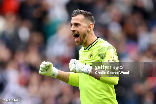 Martin Dubravka of Newcastle United celebrates during the Sela Cup match between ACF Fiorentina and Newcastle United at St James' Park on August 05,...